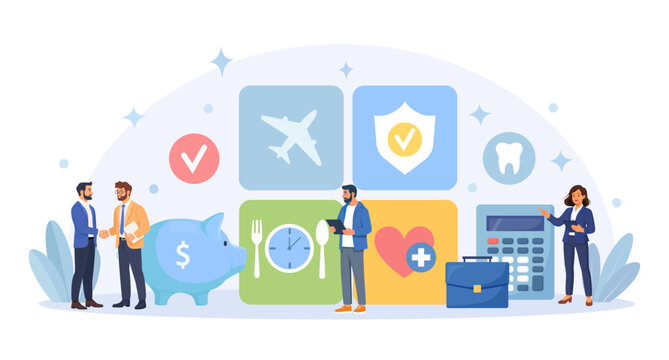 Employee Benefits Package. Social Guarantees and Protection for Workers. Worker Advantages: Meal Reimbursement, Medical Insurance, Vacation, Paid Family Leave, Retirement Benefits. Vector Illustration