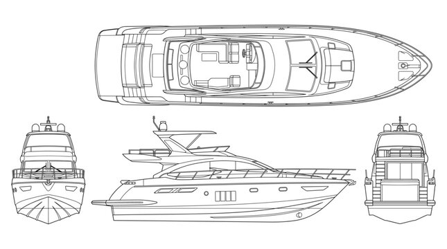 Yacht boat technical drawing blueprint with front side back and top views CAD line art vector illustration