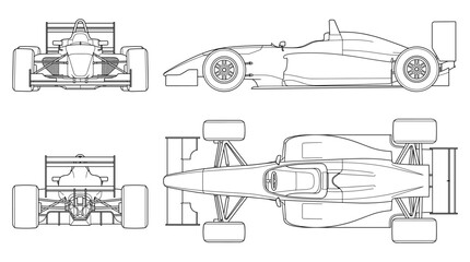 Obraz premium Open wheel racer car technical drawing blueprint with front side back and top views CAD line art vector illustration