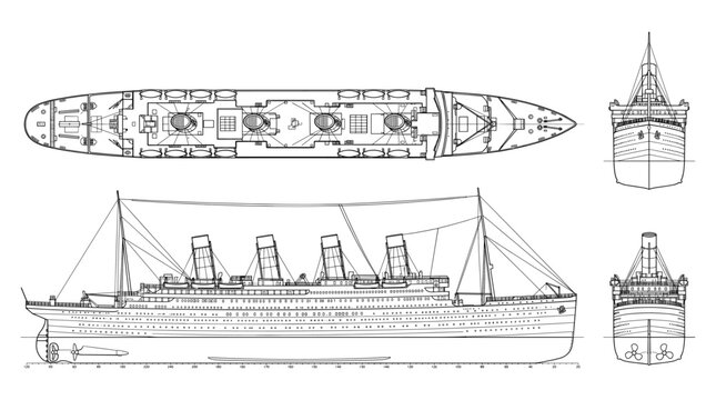 Ocean liner ship technical drawing blueprint with front side back and top views CAD line art vector illustration
