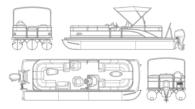 Pontoon boat technical drawing blueprint with front side back and top views CAD line art vector illustration