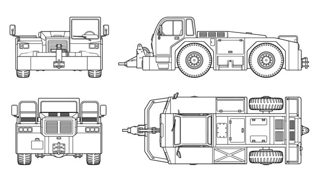 Pushback tractor airport vehicle technical drawing blueprint with front side back and top views CAD line art vector illustration
