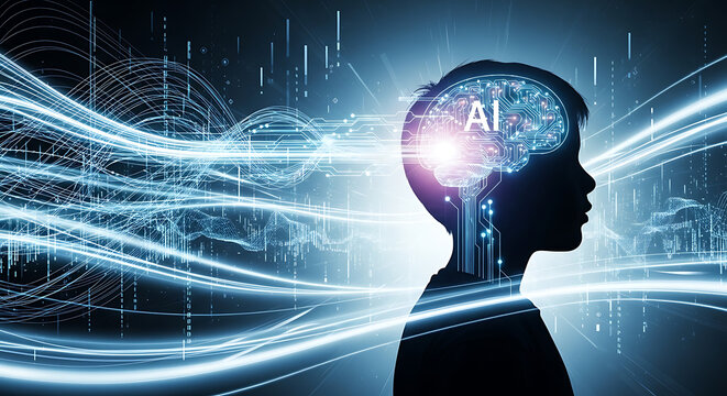 Futuristic Silhouette of a Young Child Featuring a Radiant Artificial Intelligence Brain Interface with Digital Glowing Neural Networks Representing Human Cognitive Technology and Innovation