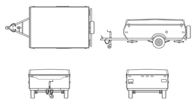 Pop up camper trailer technical drawing blueprint with front side back and top views CAD line art vector illustration