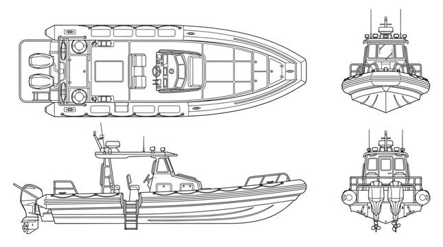 Rescue boat technical drawing blueprint with front side back and top views CAD line art vector illustration
