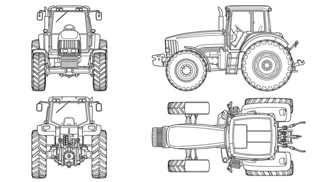 Row crop tractor technical drawing blueprint with front side back and top views CAD line art vector illustration