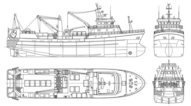 Trawler fishing vessel technical drawing blueprint with front side back and top views CAD line art vector illustration