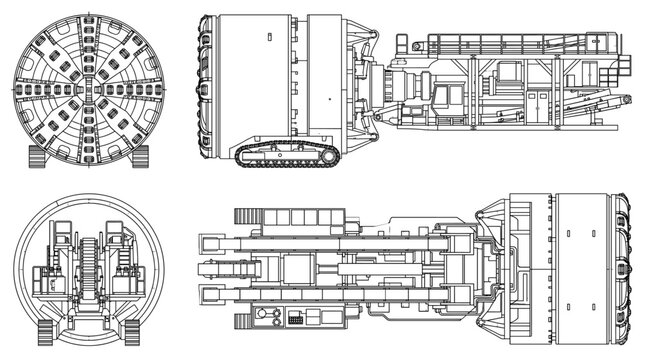 Tunnel boring machine technical drawing blueprint with front side back and top views CAD line art vector illustration