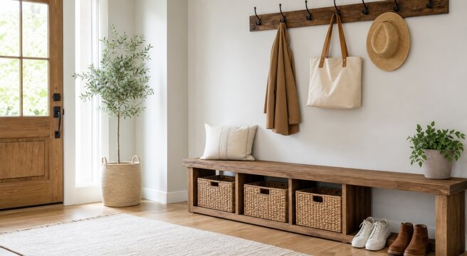 Bright Entryway With Bench Storage Baskets And Copy Space