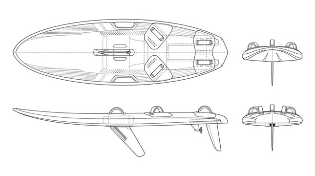 Windsurf board technical drawing blueprint with front side back and top views CAD line art vector illustration