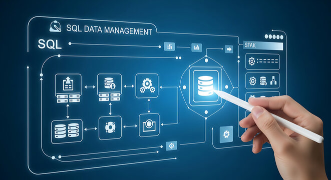Advanced SQL database management interface with digital data icons and person using stylus pen on futuristic blue glowing technology network background for modern software development analytics.