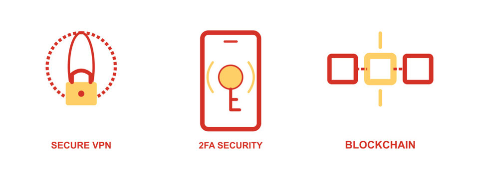 Secure vpn 2fa security blockchain icons in red and yellow on white.