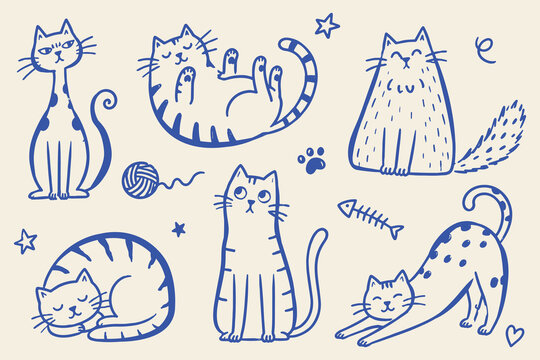 Cute Cats Different Poses Blue Doodle Sketch Set Vector