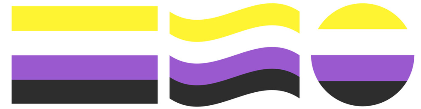 Non binary flags set. Waving flag of non binary community isolate. Round flag of non binary pride isolated.