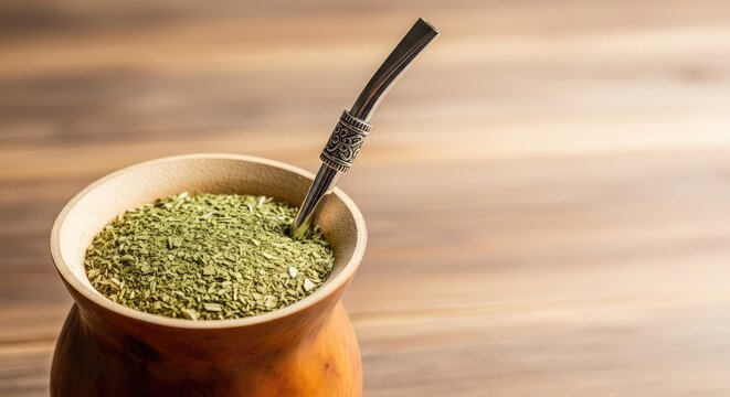 A close-up view of a traditional hollowed calabash gourd filled with loose leaf yerba mate tea and a silver bombilla on a rustic wood table, rustic, traditional, mate