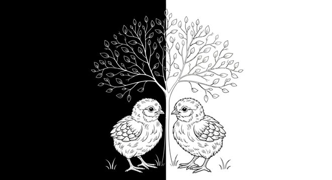 Two chicks standing under a tree.