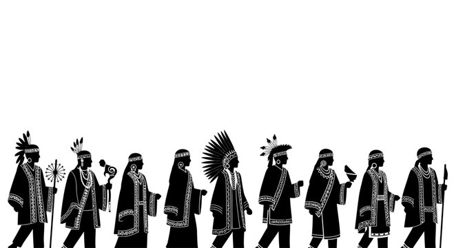 Silhouette illustration of a group of Native American indigenous people walking.