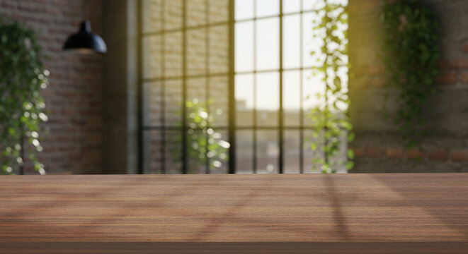 Wooden Table Sunny Room Window Minimal Display blured Background 4k