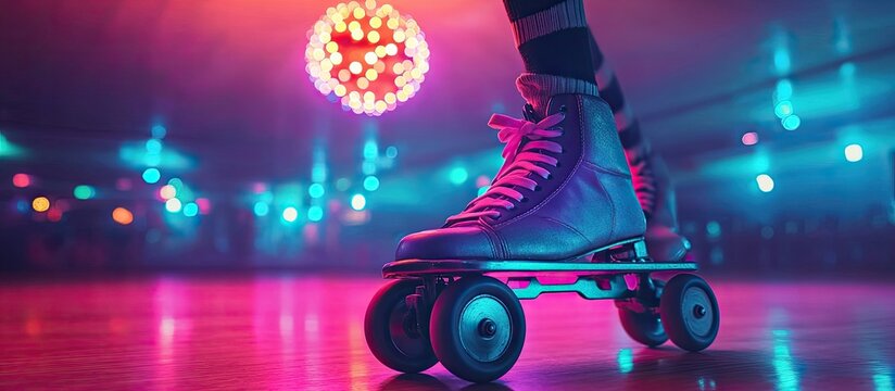 Retro Roller Skate Close-Up in Neon-Lit Rink with Disco Ball Glow