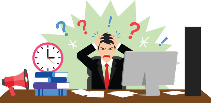 Stressed Businessman at Office Desk Overwhelmed by Work Deadline with Computer and Clock Vector Illustration for Burnout and Time Management Concepts