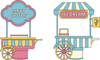 Vintage Candy Cotton and Ice Cream Kiosk Cart Set with Retro Food Wagon Illustration Elements for Amusement Park Festivals and Carnival Graphic Designs © MdSaddam