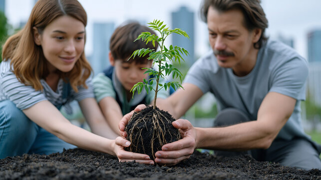 World Environment Day scene of a family unit planting a sapling in a public park, each member holding a section of the root ball, overcast dramatic sky behind them, the city visible in the backgroun