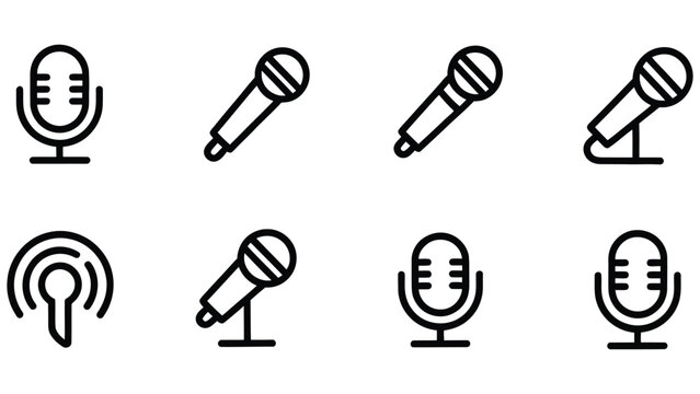 Collection of eight black outline icons representing various styles of microphones including vintage and modern designs