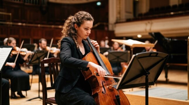 A woman in a black dress playing a cello on a stage with an orchestra in the background.