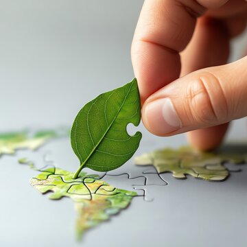 A hand placing a green leaf piece onto a puzzle of the world, symbolizing nature and awareness for the environment.