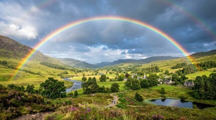 Fototapeta premium A vibrant rainbow arches over a lush green valley with a river and a small village nestled among the hills.