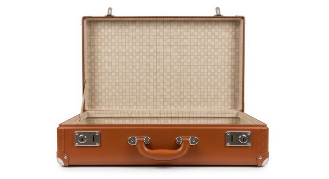 Vintage brown leather suitcase open isolated on white background