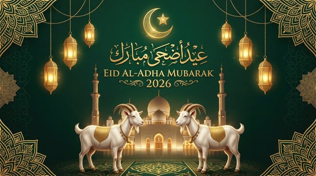 Eid al adha mubarak 2026 greeting with goats and mosque