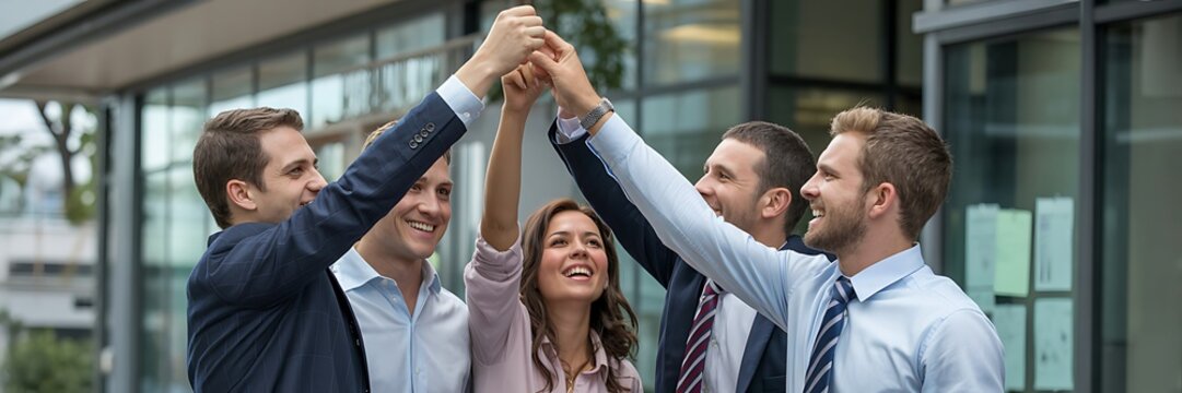 Business colleagues stacking hands together in unity and celebration outdoors