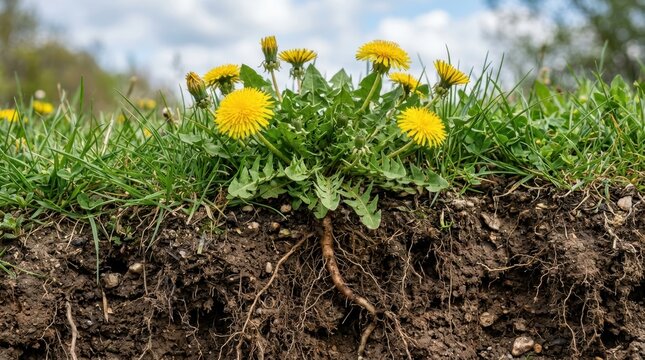 Cross section of a dandelion plant showing the deep taproot system growing in soil.