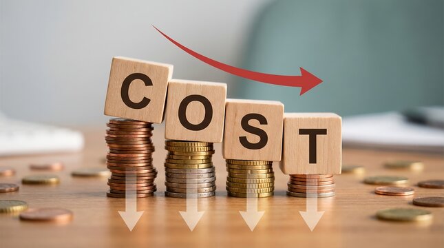 Conceptual image of wooden blocks spelling cost on stacks of coins with a red arrow showing financial reduction.