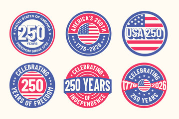 Set of USA 250 anniversary badges for 4th of July celebration with patriotic elements. Vector illustration © Yulia