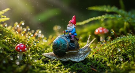 Obraz premium A small garden gnome riding on a snail through a lush green forest with mushrooms and moss