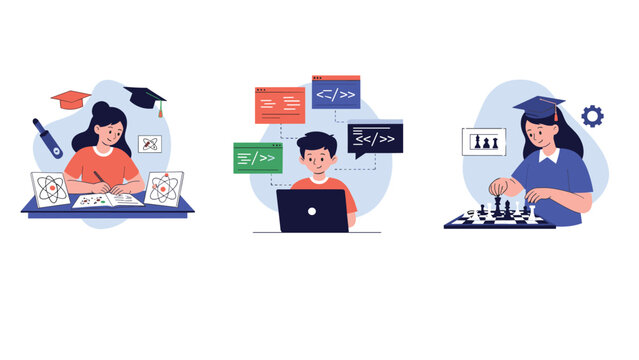 Diverse collage showing educational activities including science research, computer programming, and strategic chess playing for skill growth.