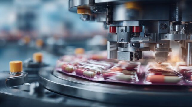 Automated medicine packaging machine filling capsules on industrial production line