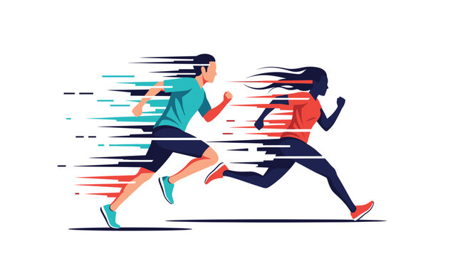 Diverse athletic man and woman sprint at high speed with vibrant motion blur lines representing energy and competitive racing.