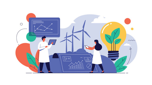 Professional researchers analyzing renewable energy data with large wind turbines and a green lightbulb representing ecological innovation.