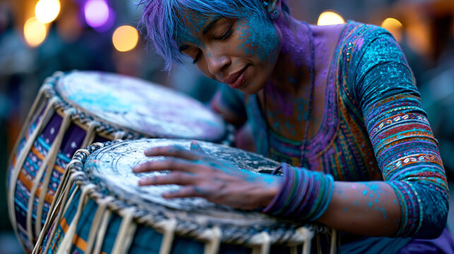 Holi street musician playing a dhol drum covered in color powder while the crowd surges around her, her eyes closed in concentration, hands a blur against the drum skin, twilight blue sky above the 