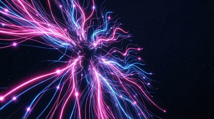 Fototapeta premium Abstract digital background featuring glowing pink and blue fiber optic lines representing high speed data connectivity.