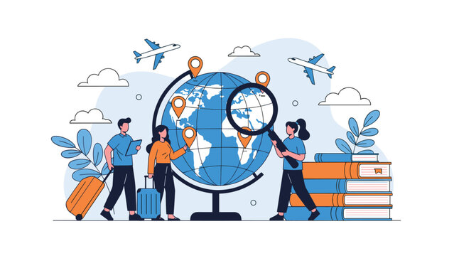 Travelers planning their next international trip by looking at a globe with location pins, luggage, and commercial airplanes overhead.