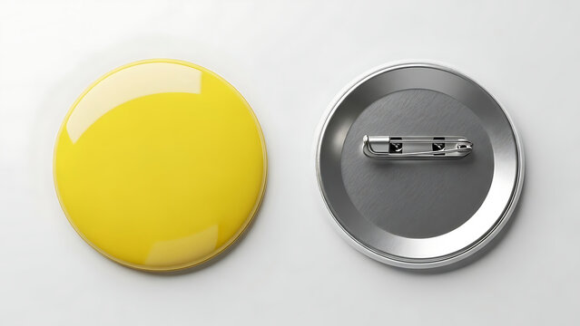 Yellow button front and metal back with pin badge
