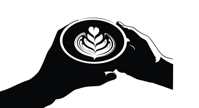 Latte art silhouette a hand holding a cup of coffee with floral design