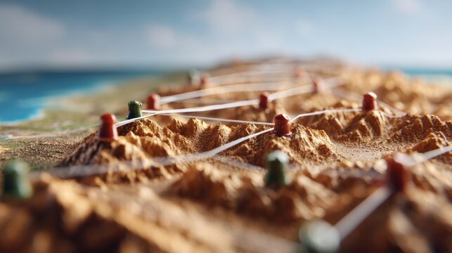 Detailed mountain landscape model with connected points and network concept