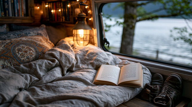 Narrow van life sleeping loft made up with a linen duvet and a clipped reading light, paperback book splayed open, boots tucked under the platform, the van parked beside a summer lake barely visible