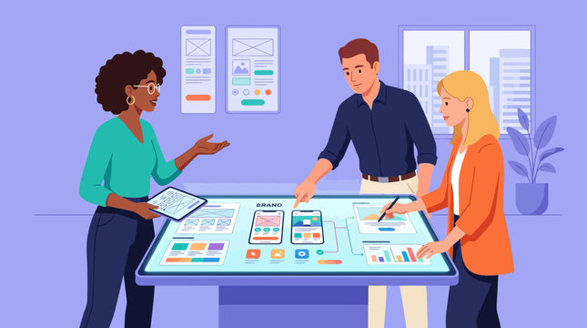 Diverse Team of UI/UX Designers Collaborating on a Mobile App Interface Using an Interactive Digital Touch Table in a Modern Creative Studio