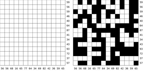 Fototapeta premium Kakurasu logic puzzle series with numbered grids and filled solutions. Clean vector illustration for brain teasers, printable worksheets, and educational activity books